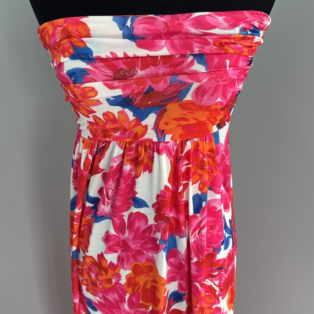 Grace Karin Floral Strapless Maxi Dress. Pink, orange, blue and white flowers.